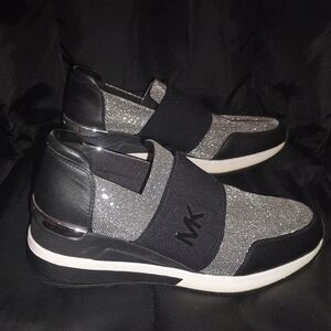 Michael Kors Felix Trainer Glitter Mesh Black & Silver Slip On Sneakers Size 10